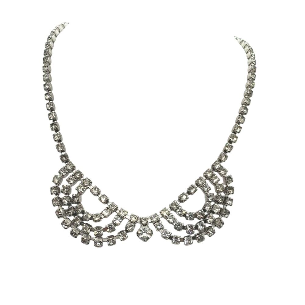 Vintage Necklace Rhinestone Double Swoop Scallop Collar Art Deco 1940s Bib - Picture 2 of 7